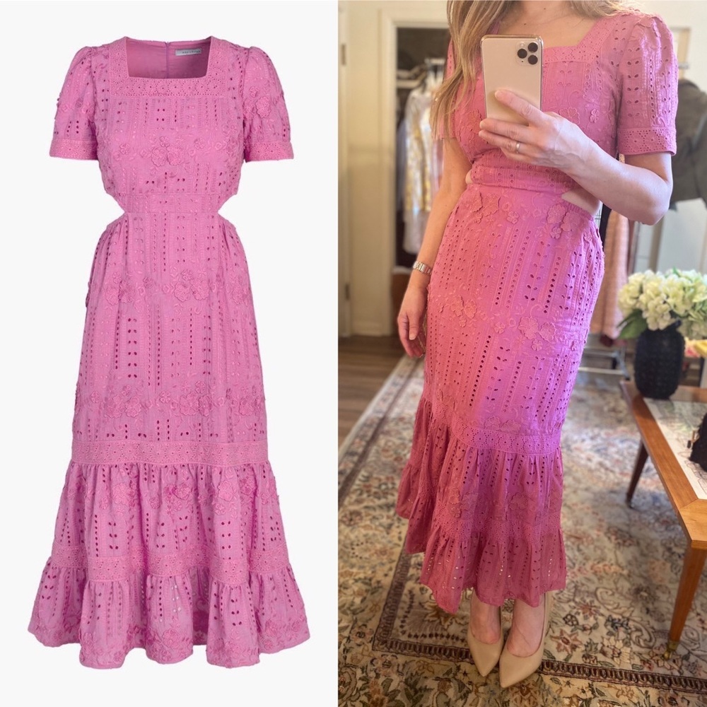 NWT Adelyn Rae Katina Pink Side Cut Out Embroidered Midi Dress Puff Sleeves